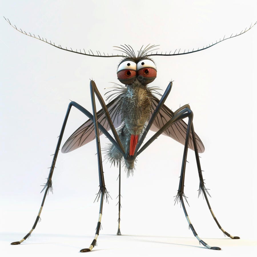 Mosquito cartoon 3D com olhos vermelhos e pernas longas em fundo branco