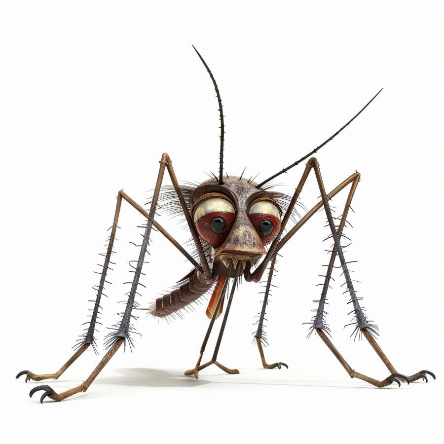 Mosquito de desenho animado com olhos vermelhos grandes e expressão de cansaço em fundo branco