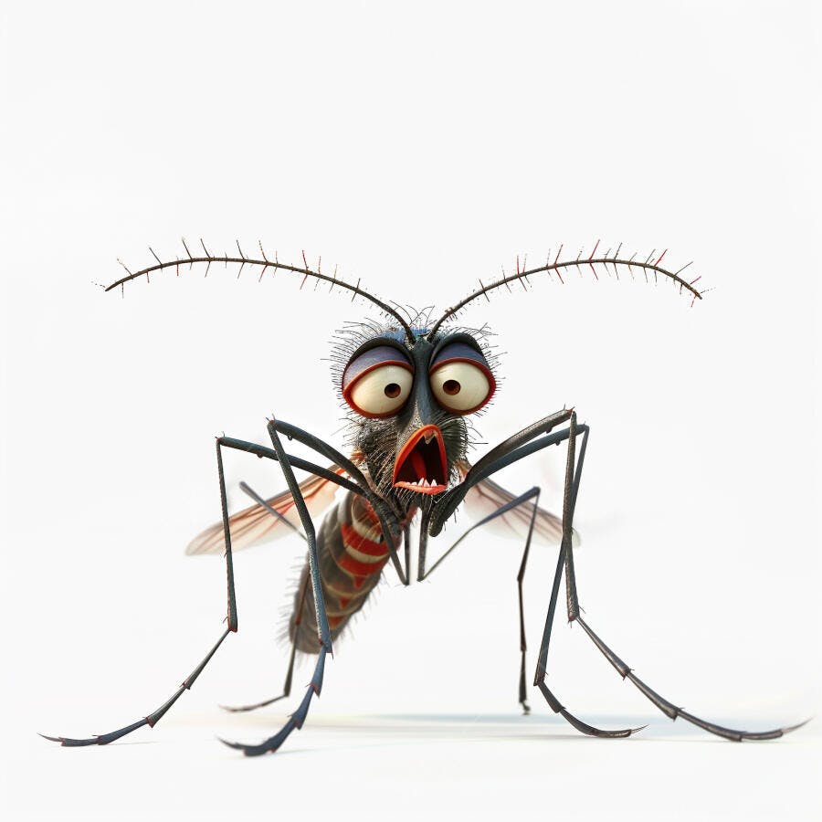 Mosquito cinza vermelho olhos arregalados boca aberta em choque desenho animado