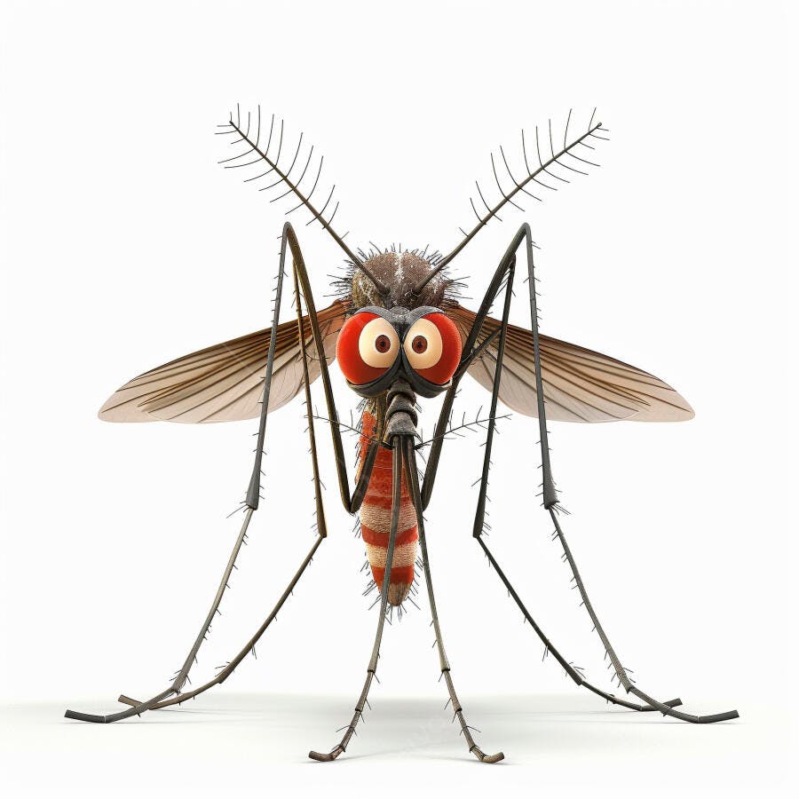 Mosquito 3D desenho animado com olhos vermelhos grandes em fundo branco