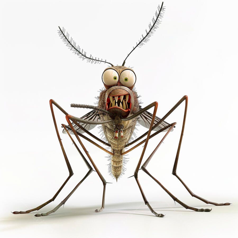 Mosquito irritado 3D com olhos verdes grandes em fundo branco