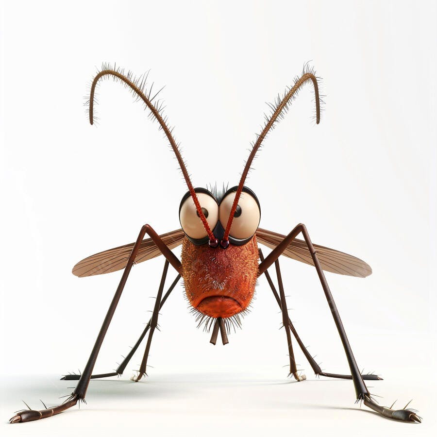 Mosquito cartoon 3D com olhos grandes e corpo laranja fundo branco