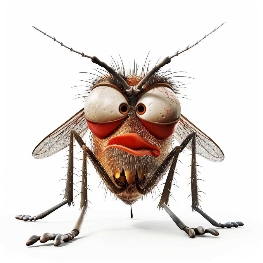 Mosca de desenho animado zangada com olhos vermelhos esbugalhados em fundo branco