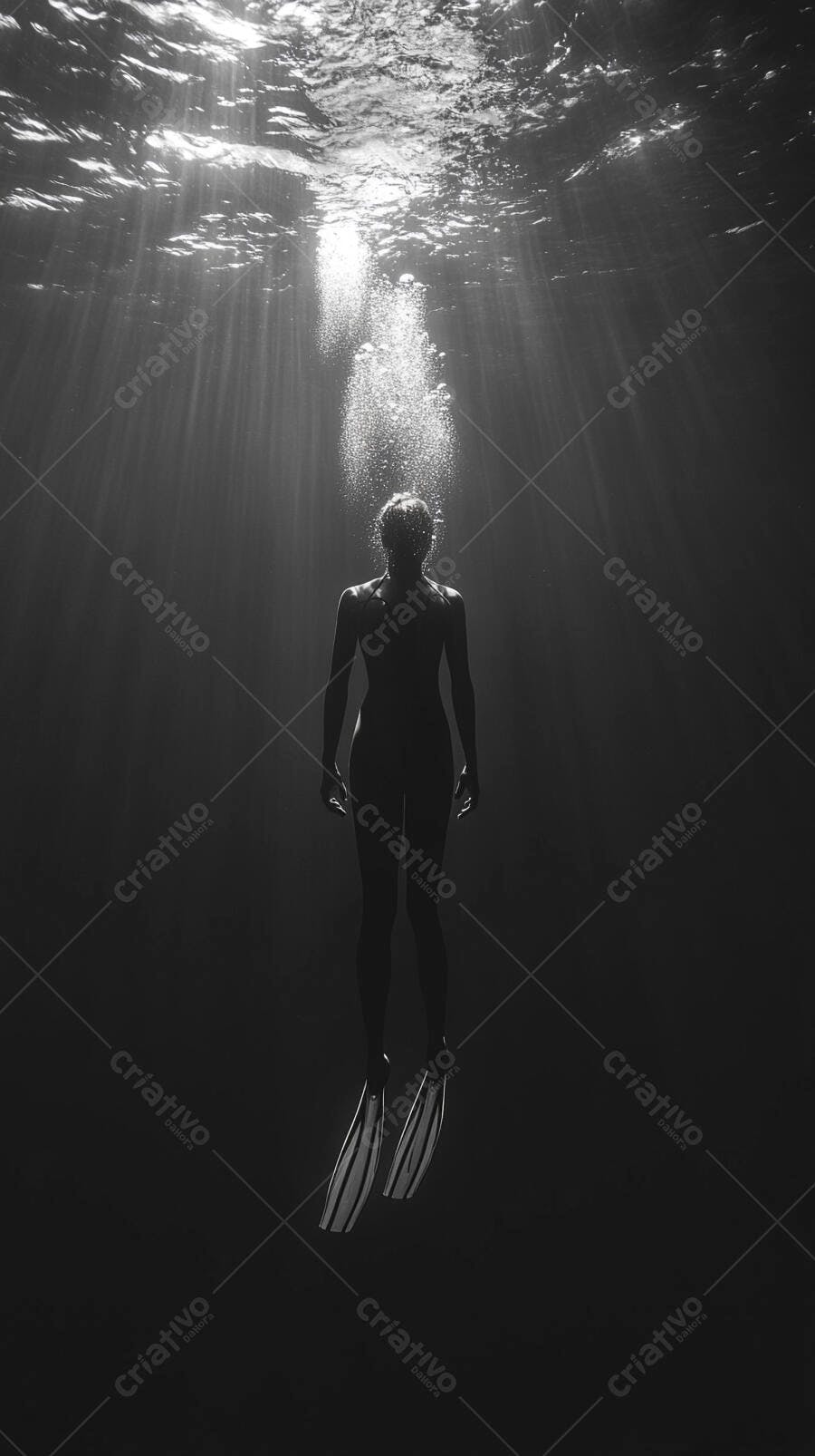 Mergulhadora submersa subindo com bolhas luz solar em oceano profundo preto e branco
