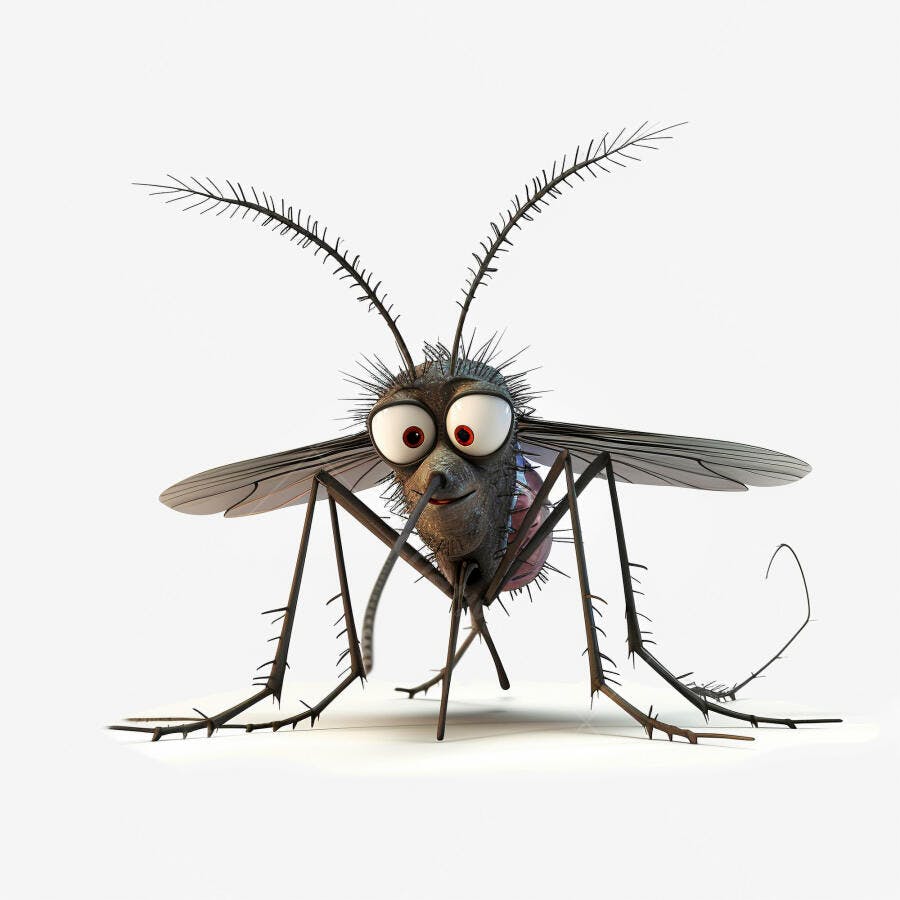 Mosquito de desenho animado sorrindo com olhos grandes em fundo branco