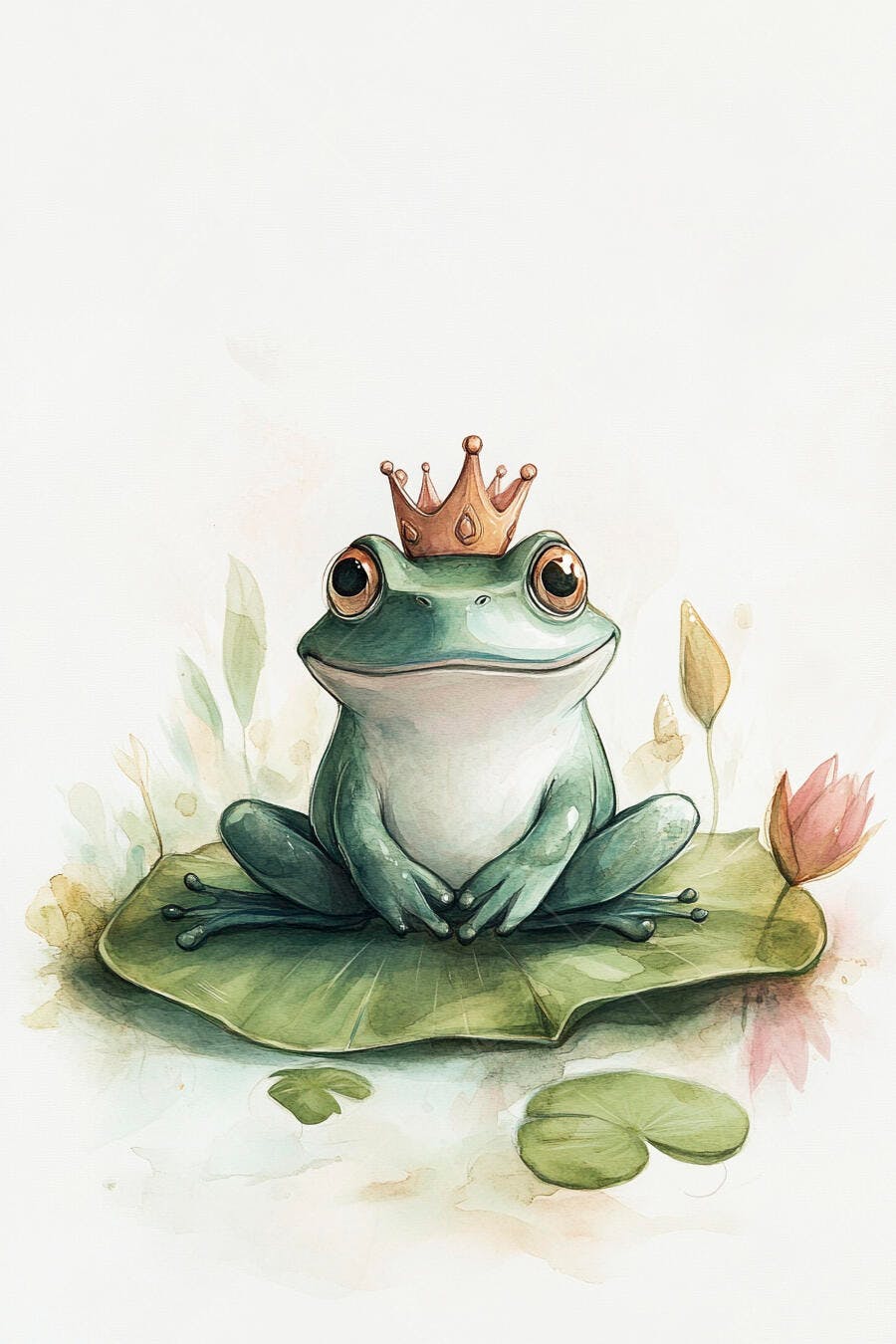 Sapo verde fofo com coroa dourada sentado em vitória-régia aquarela