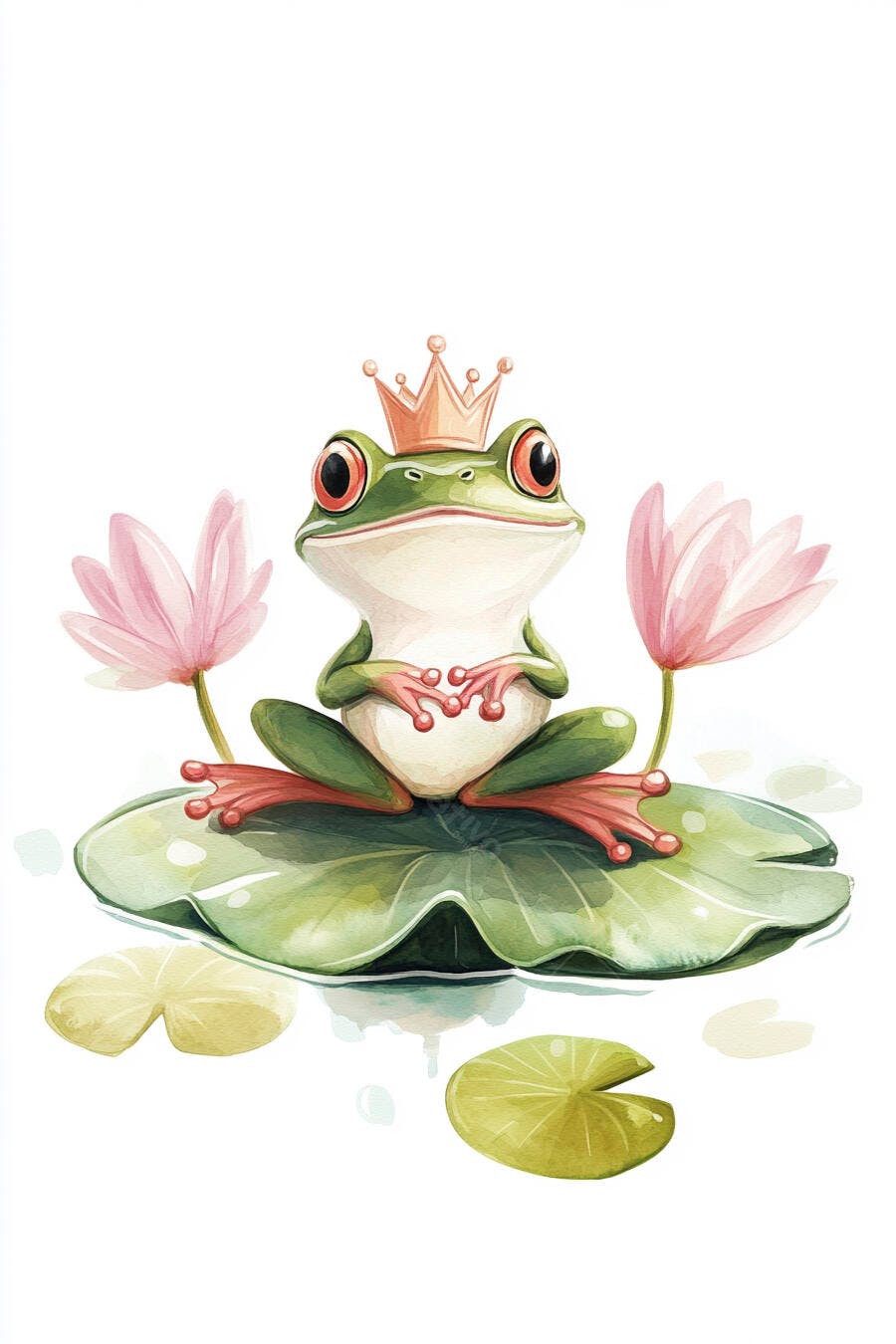 Sapo rei verde com coroa dourada sentado em nenúfar rosa e branco ilustração aquarela