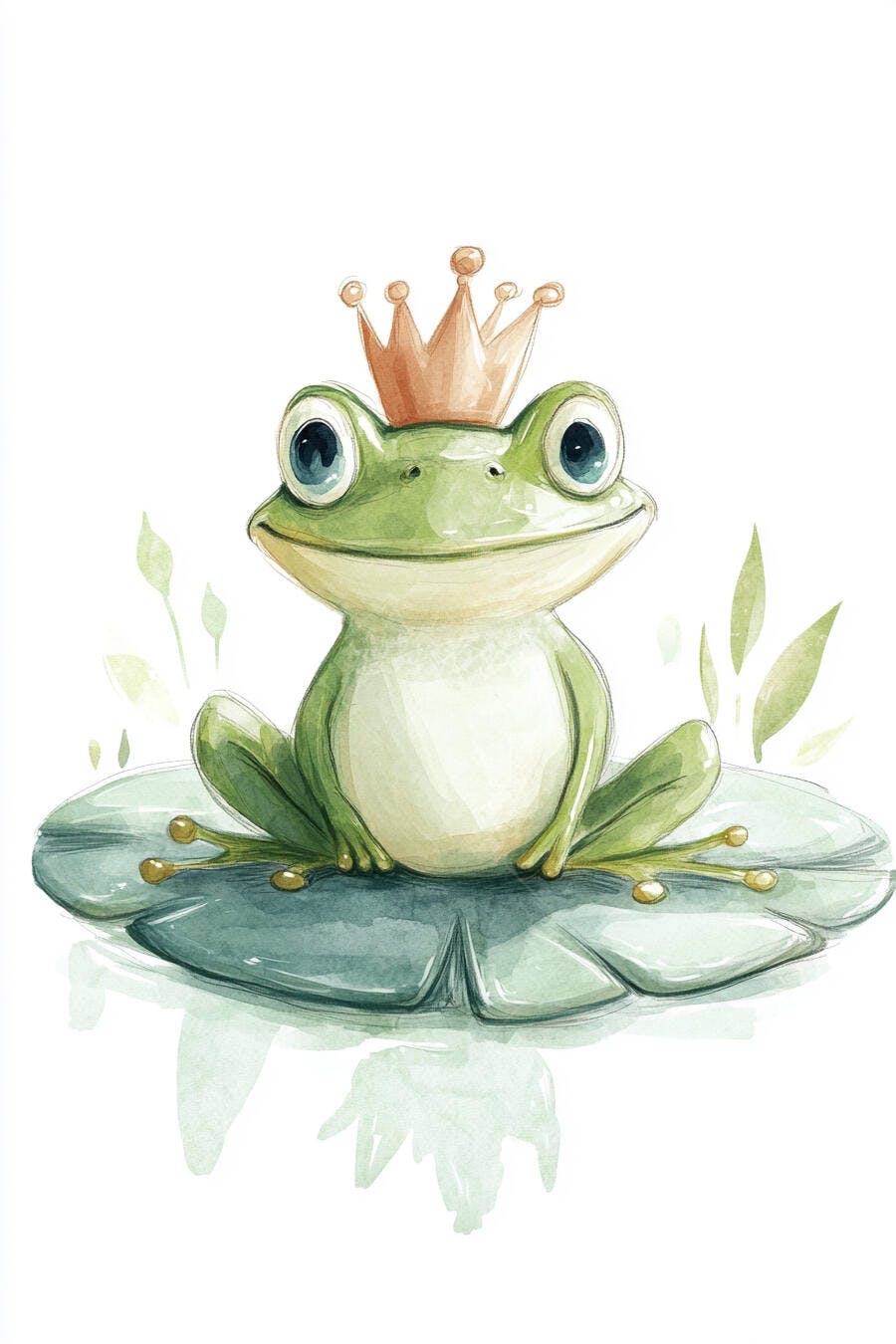 Sapo verde fofo com coroa dourada em vitória-régia ilustração aquarela