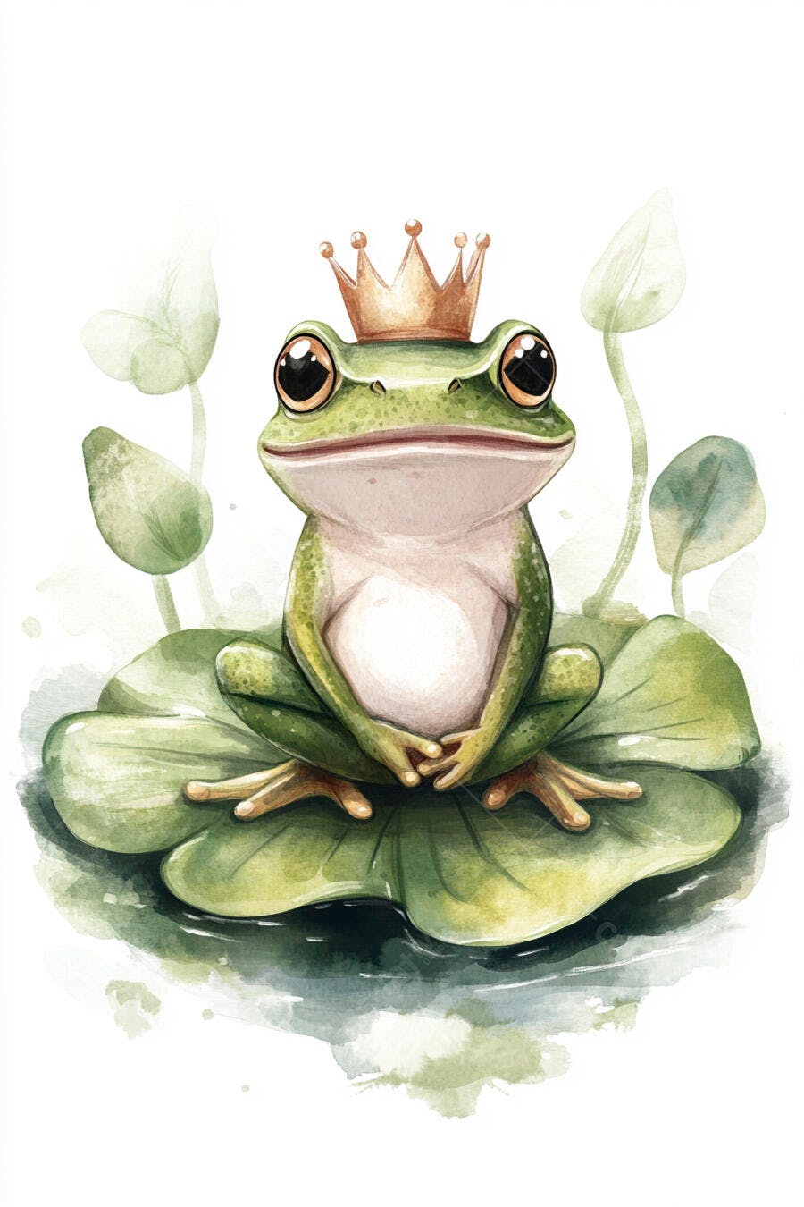 Sapo verde com coroa dourada em folha de vitória-régia ilustração aquarela