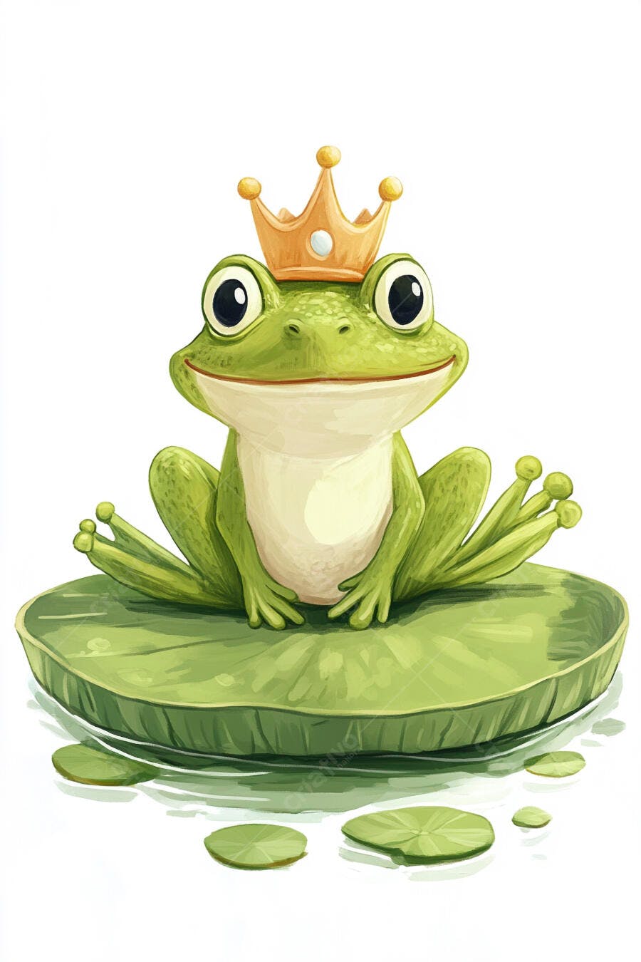 Sapo príncipe verde de coroa dourada sentado em vitória-régia arte digital