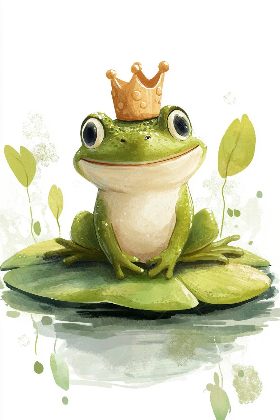 Sapo verde fofo usando coroa dourada em folha de vitória-régia