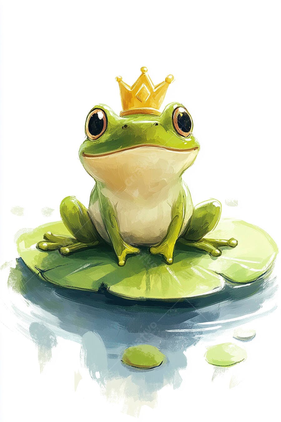 Sapo verde rei com coroa dourada em vitória-régia flutuando