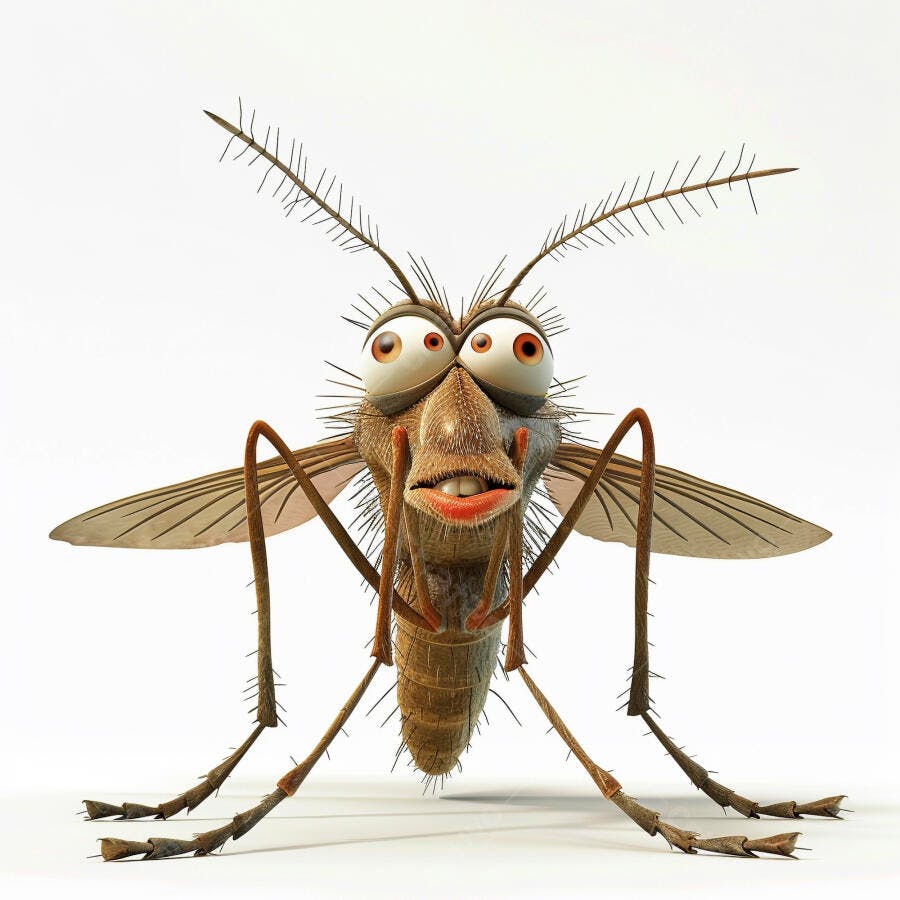 Mosquito de desenho animado 3D marrom com olhos grandes e boca vermelha engraçada