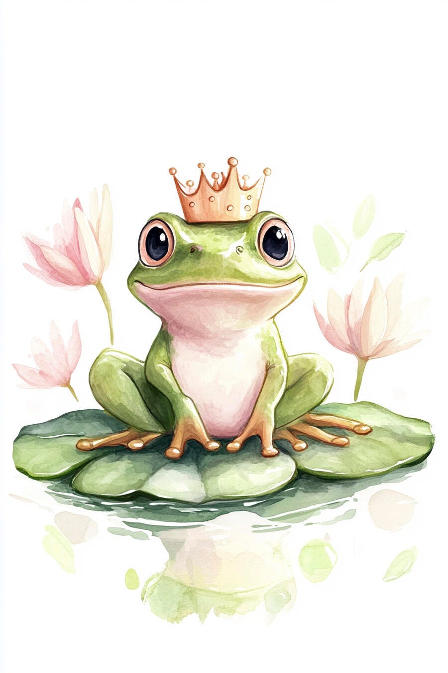 Sapo verde com coroa dourada em folha de nenúfar e flores de lótus rosa