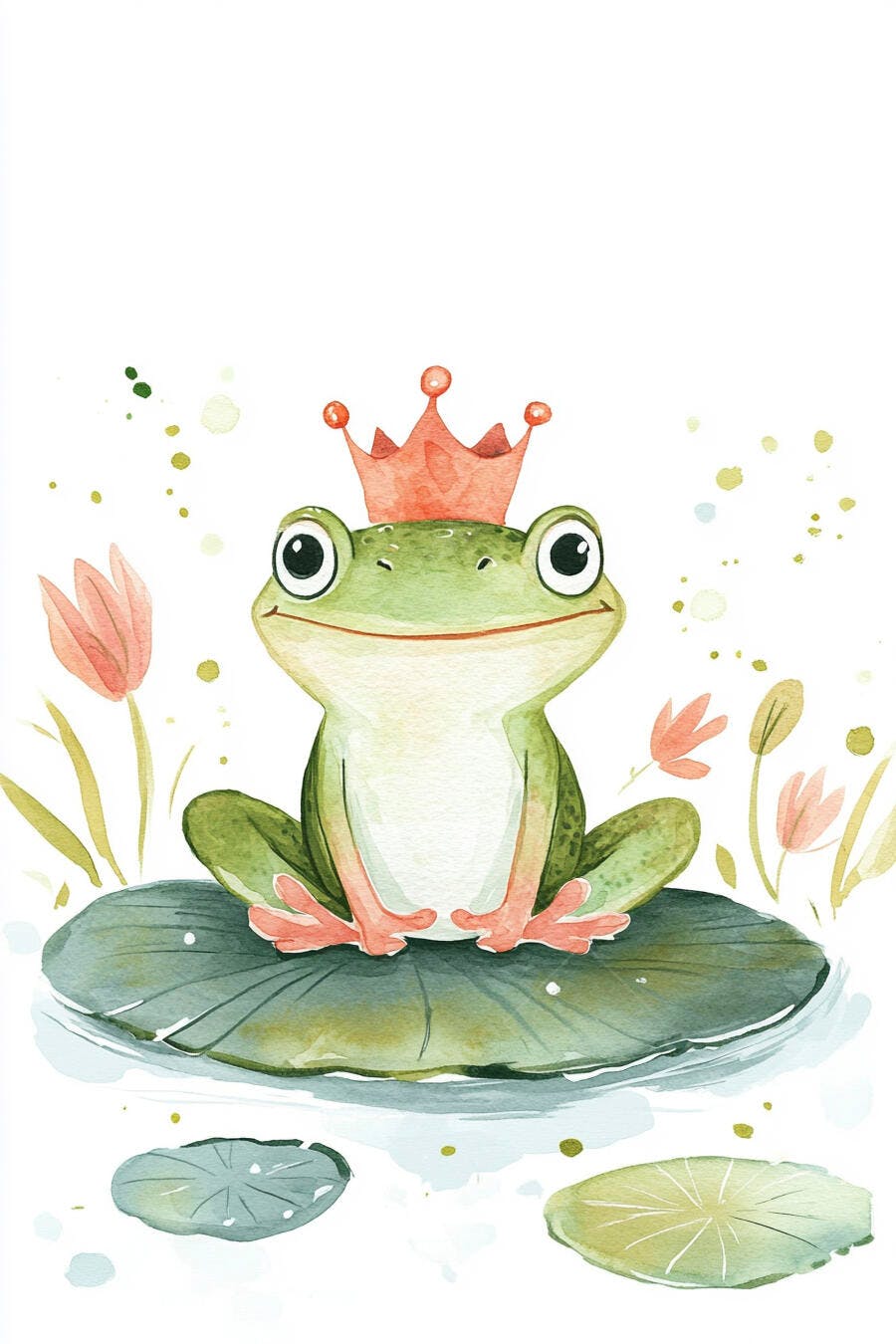 Rã princesa sorridente usando coroa de aquarela em vitória-régia