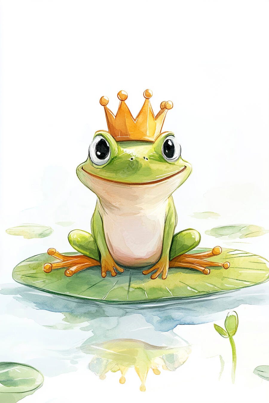 Sapo verde feliz com coroa dourada em lírio d'água desenho aquarela
