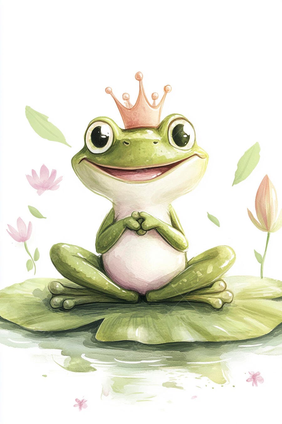 Sapo verde feliz com coroa rosa sentado em vitória-régia ilustração aquarela