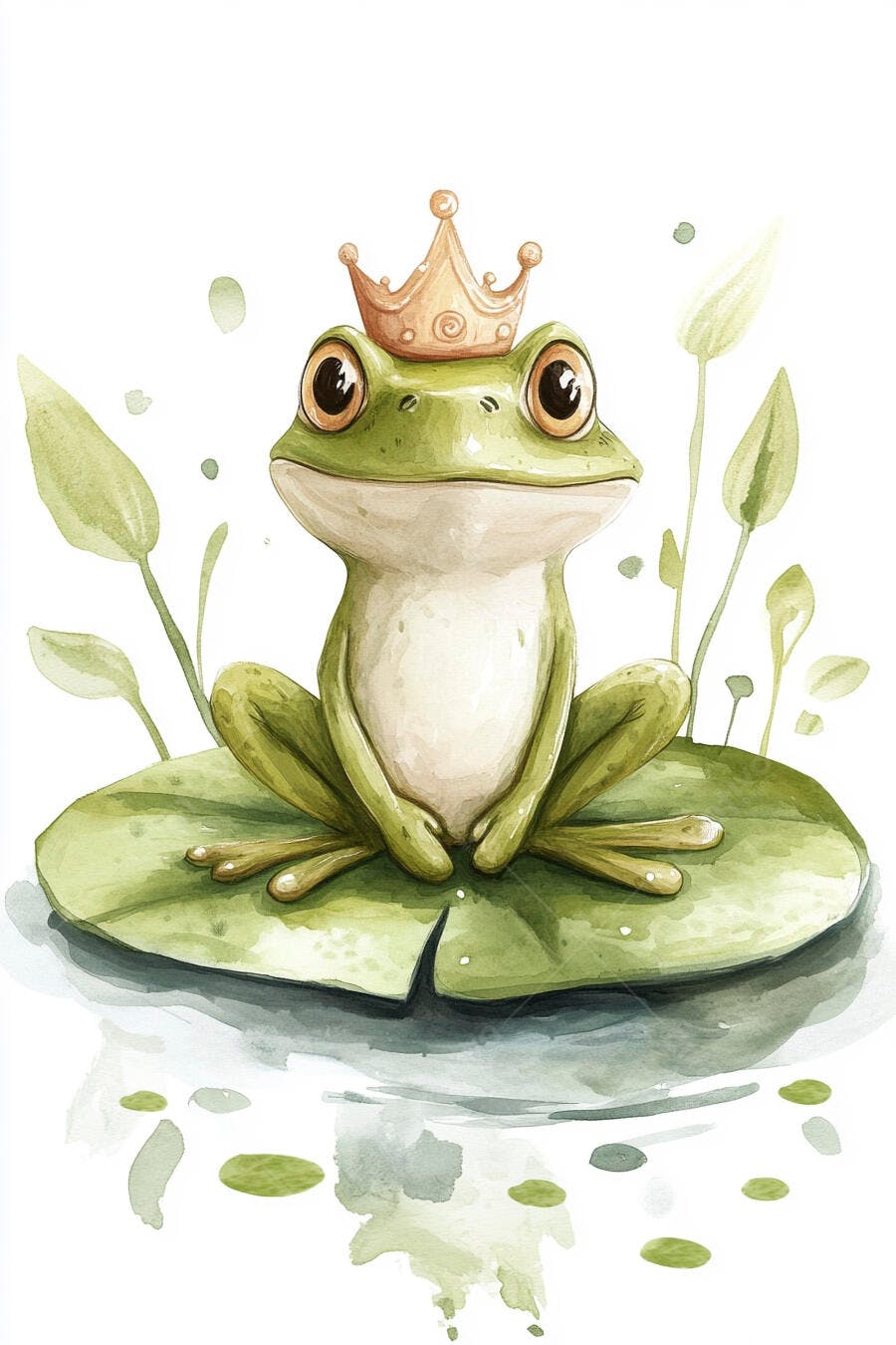 Sapo príncipe com coroa dourada sentado em vitória-régia ilustração aquarela