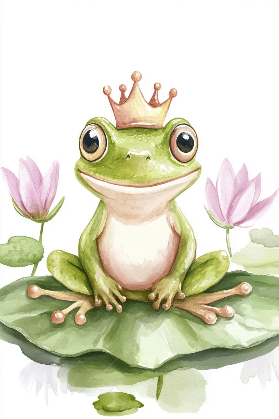 Sapo rei verde fofo com coroa dourada em folha de vitória-régia