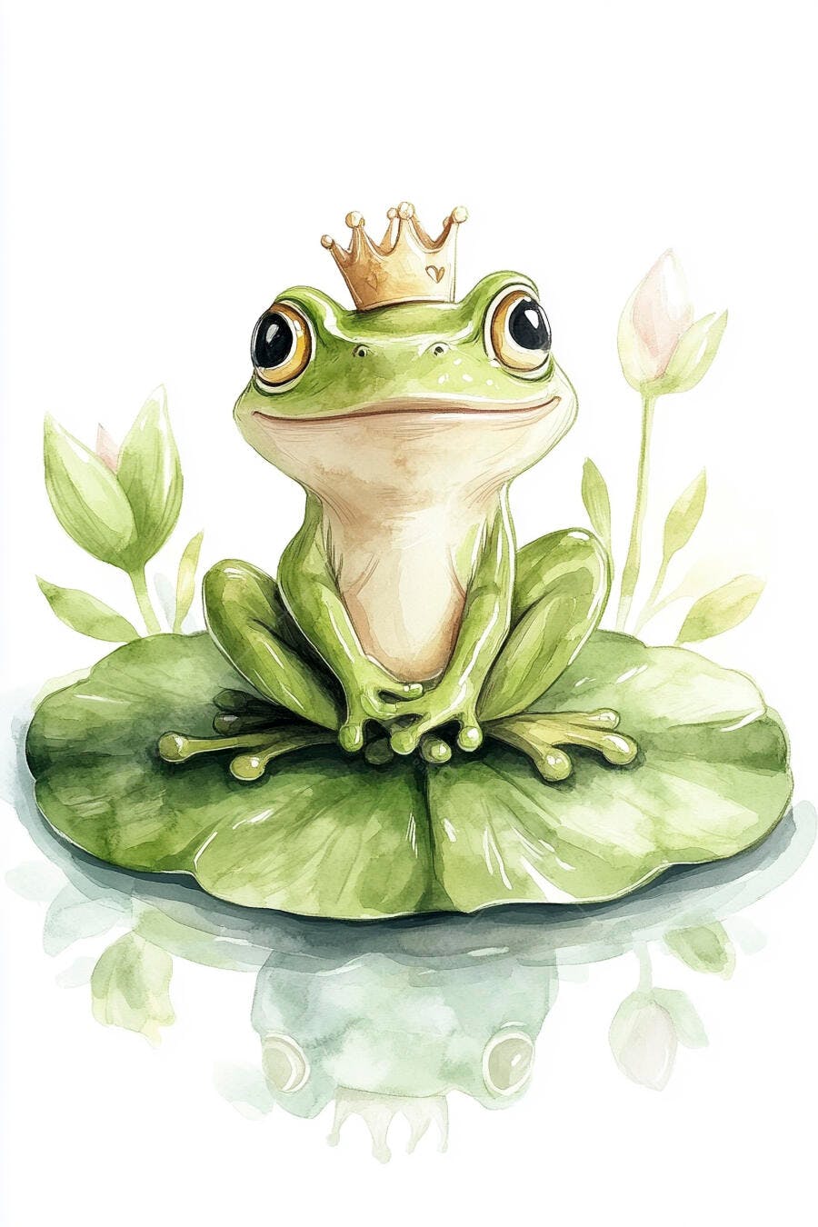 Sapo príncipe de aquarela com coroa dourada em vitória-régia