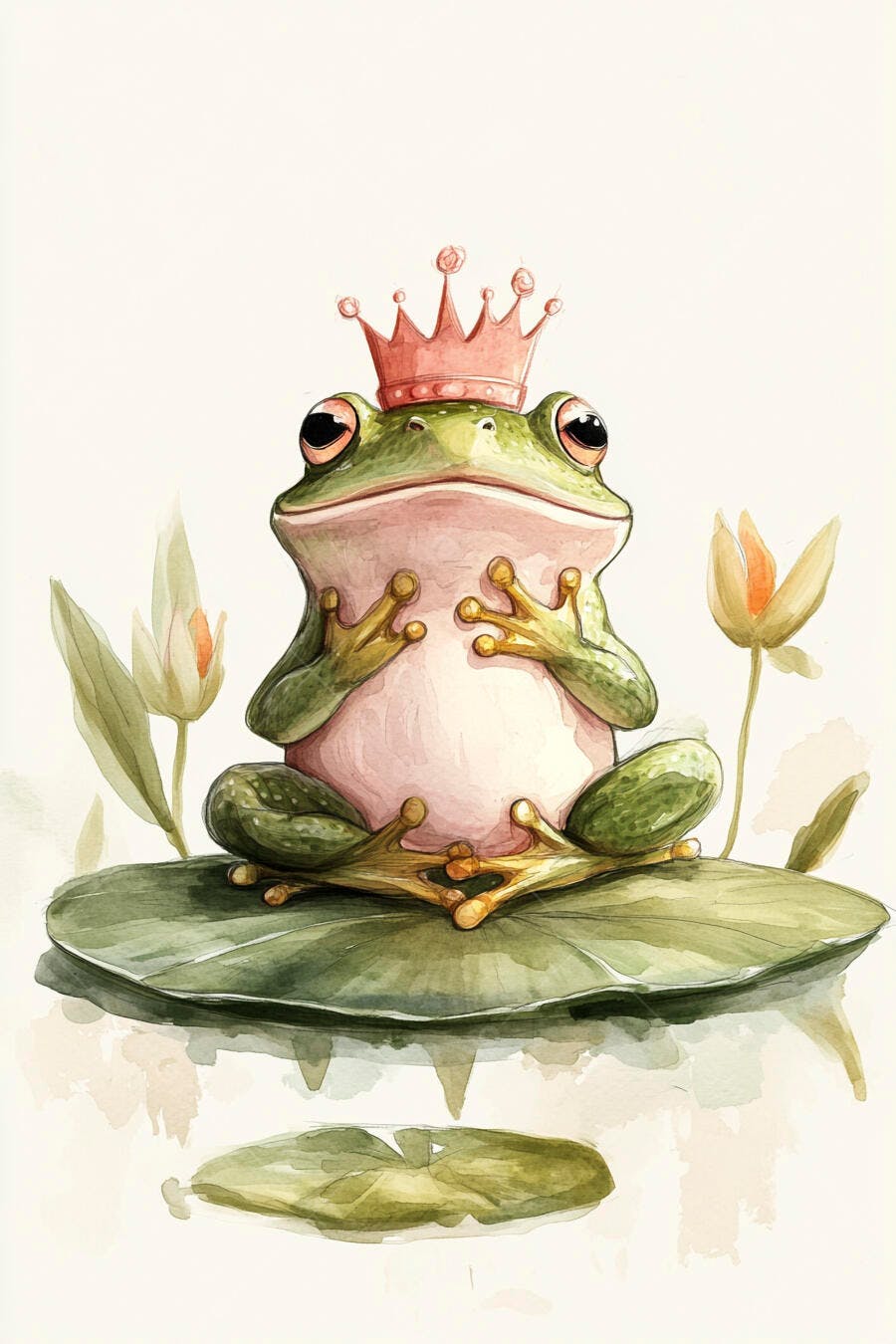 Sapo rei de coroa rosa sentado em folha de vitória-régia em aquarela