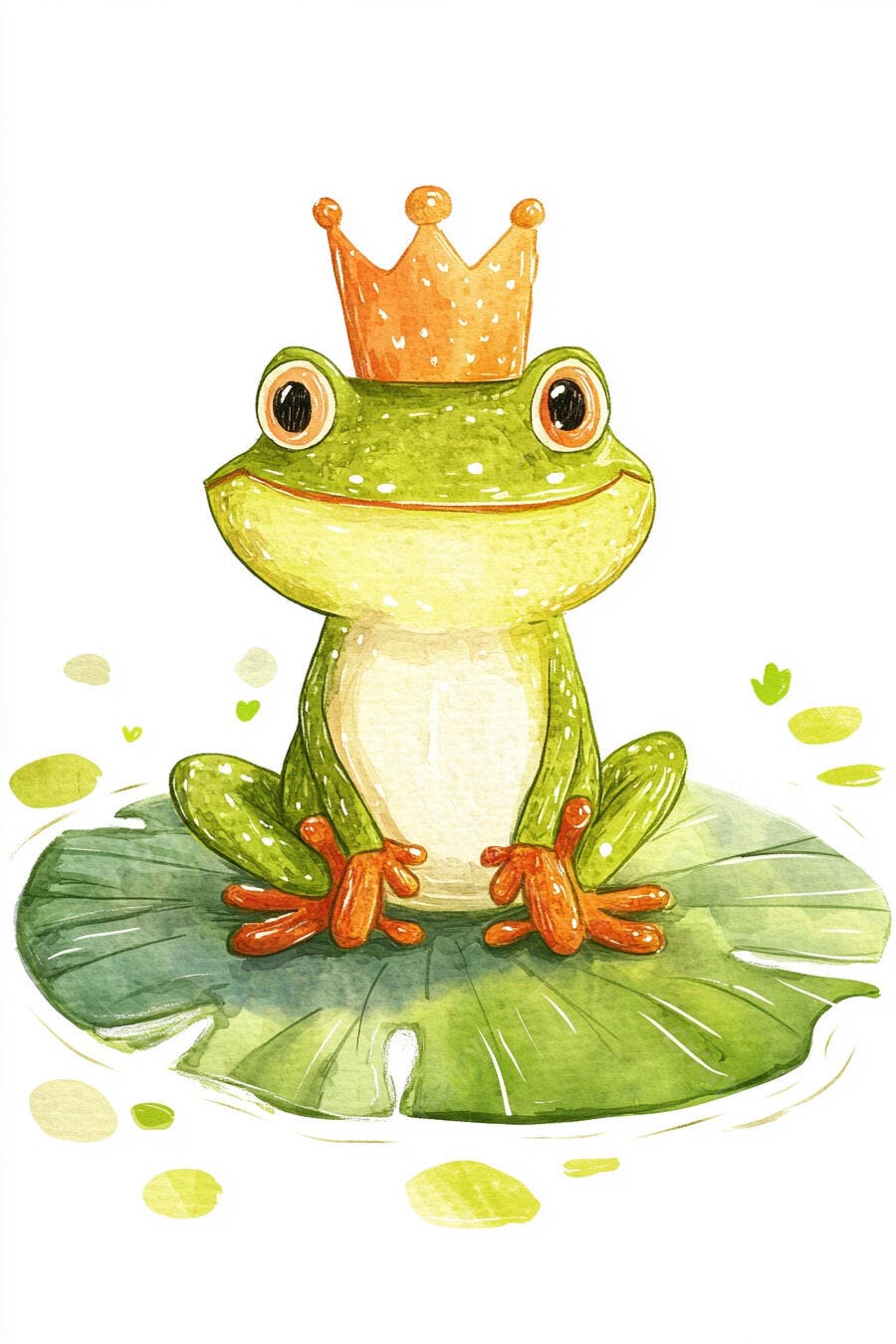 Sapo verde príncipe de coroa laranja em folha de vitória-régia ilustrado