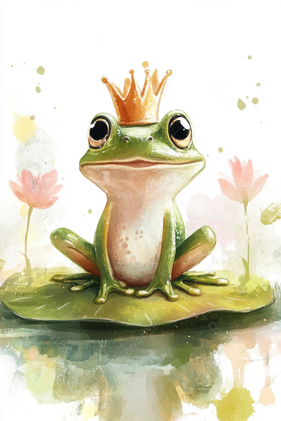 Sapo verde com coroa dourada em folha de vitória-régia ilustração aquarela