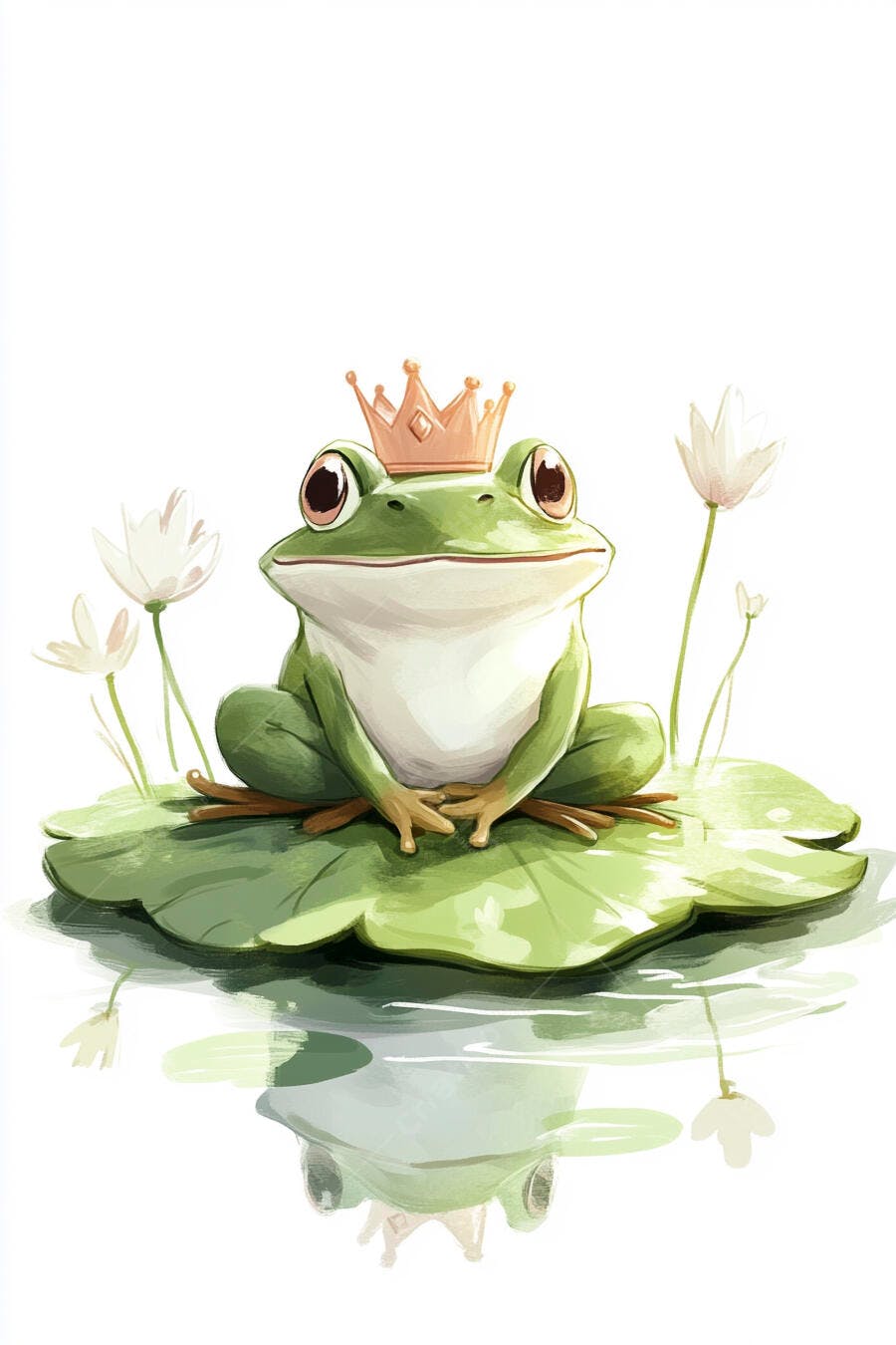 Rã verde com coroa dourada sentada em vitória-régia e flor de lótus