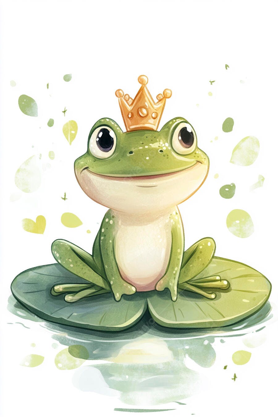 Sapo fofo com coroa dourada em folha de vitória-régia sorrindo