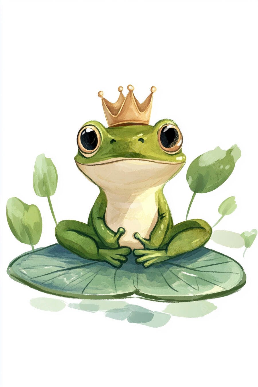 Sapo verde com coroa dourada sentado em vitória-régia ilustração aquarela