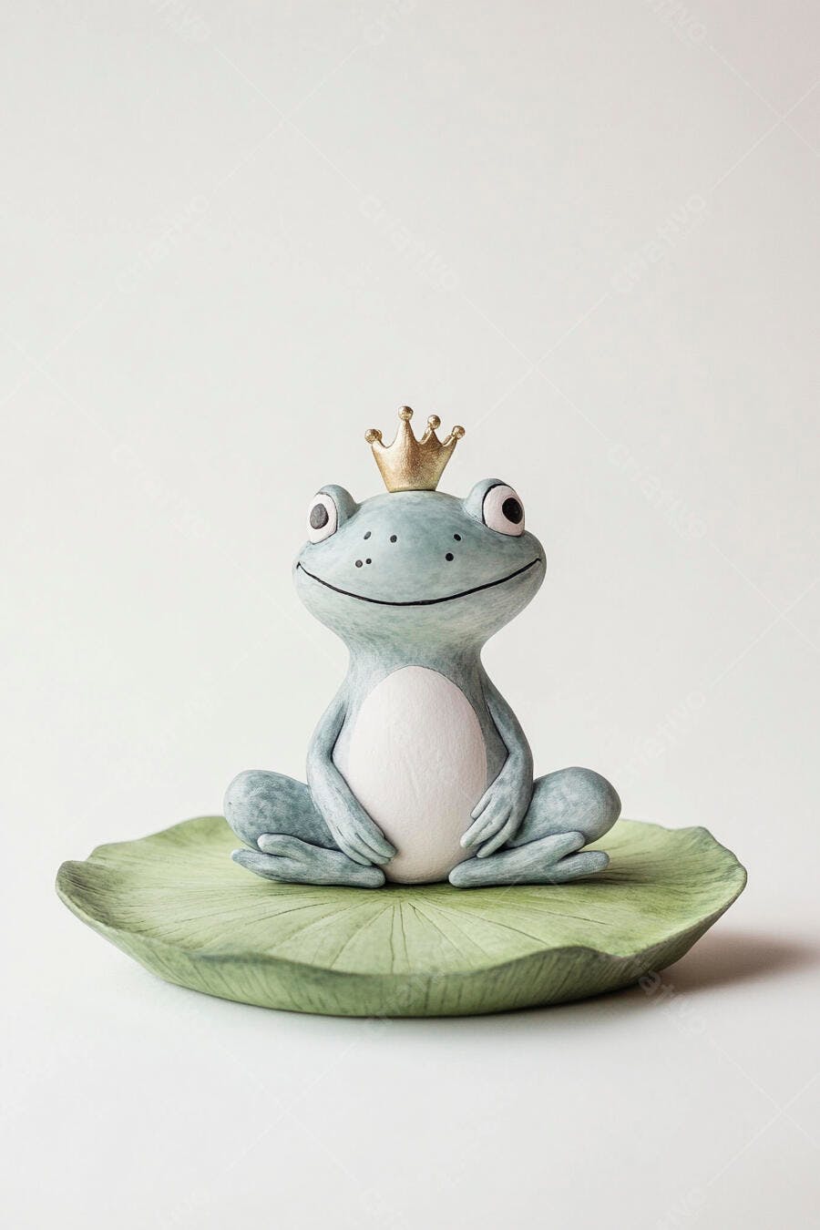 Estatueta de sapo príncipe sorridente com coroa dourada em folha verde