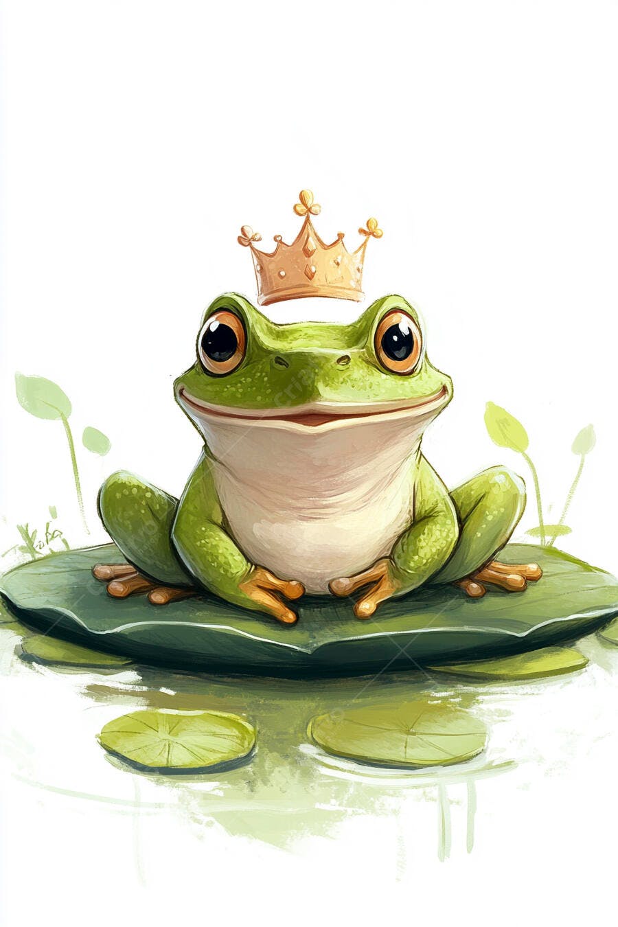 Sapo verde fofo com coroa dourada em folha de vitória-régia