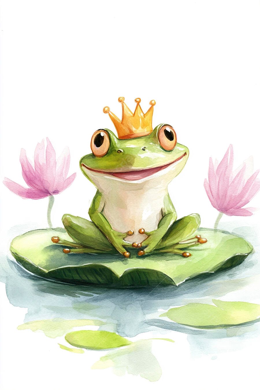 Sapo verde feliz com coroa dourada em folha de vitória-régia entre flores rosa