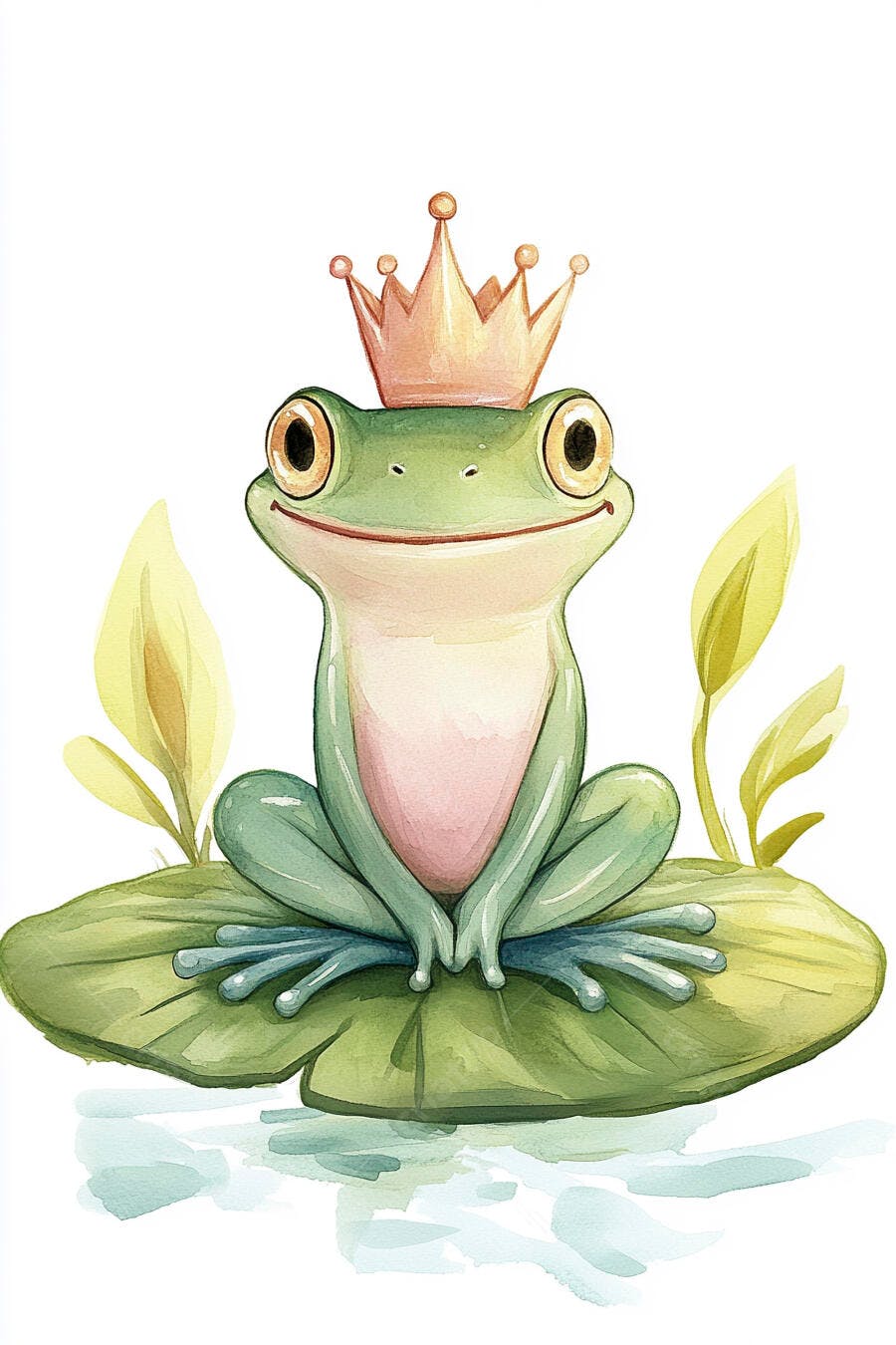 Sapo príncipe feliz com coroa em folha de lírio aquarela