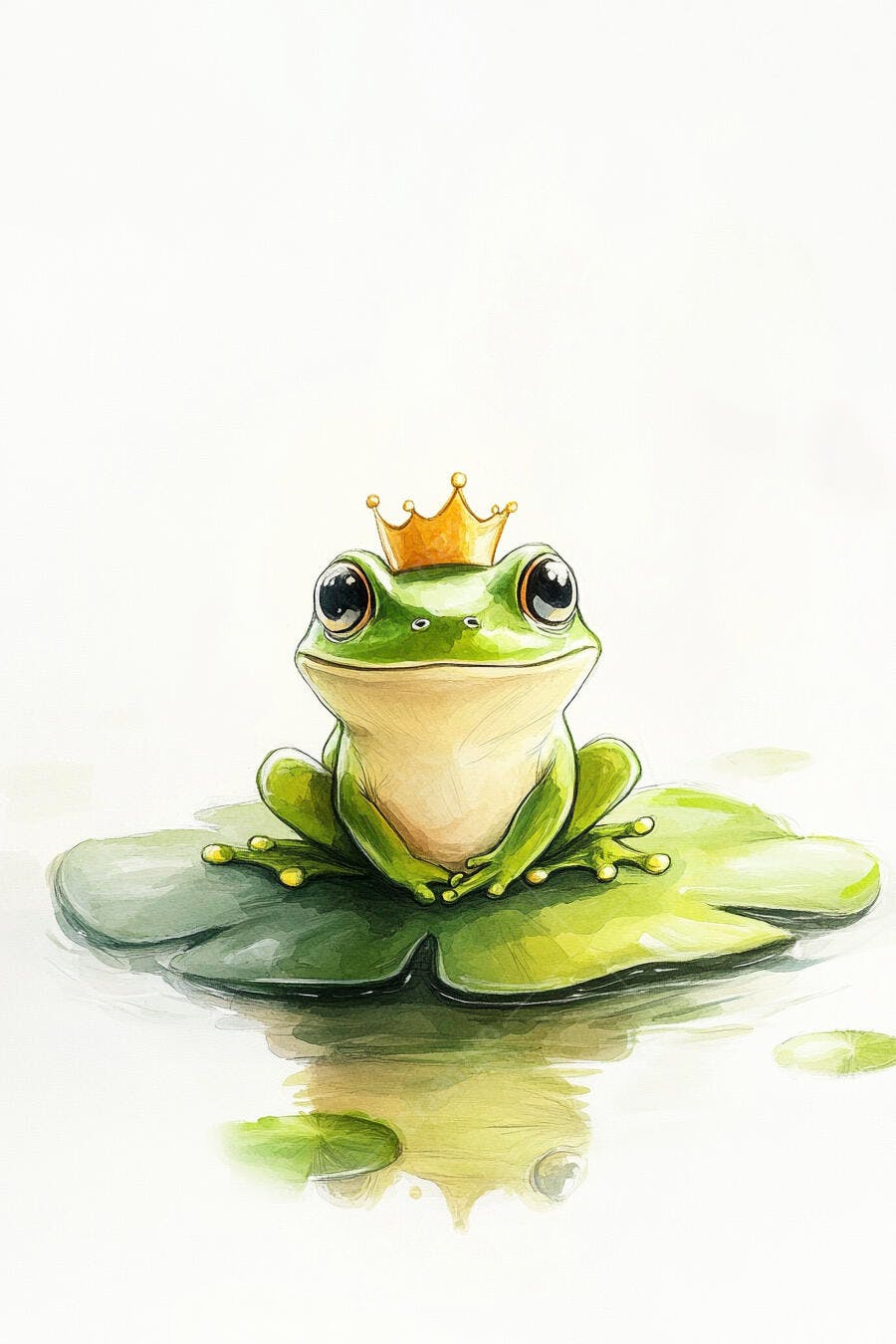 Sapo verde fofo com coroa dourada em folha de vitória-régia ilustração infantil