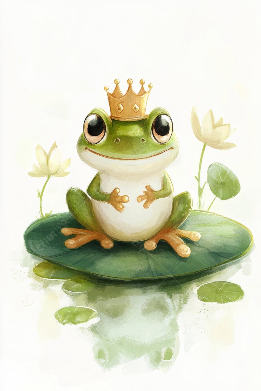 Sapo verde fofo coroado sentado em folha de vitória-régia com flores de lótus