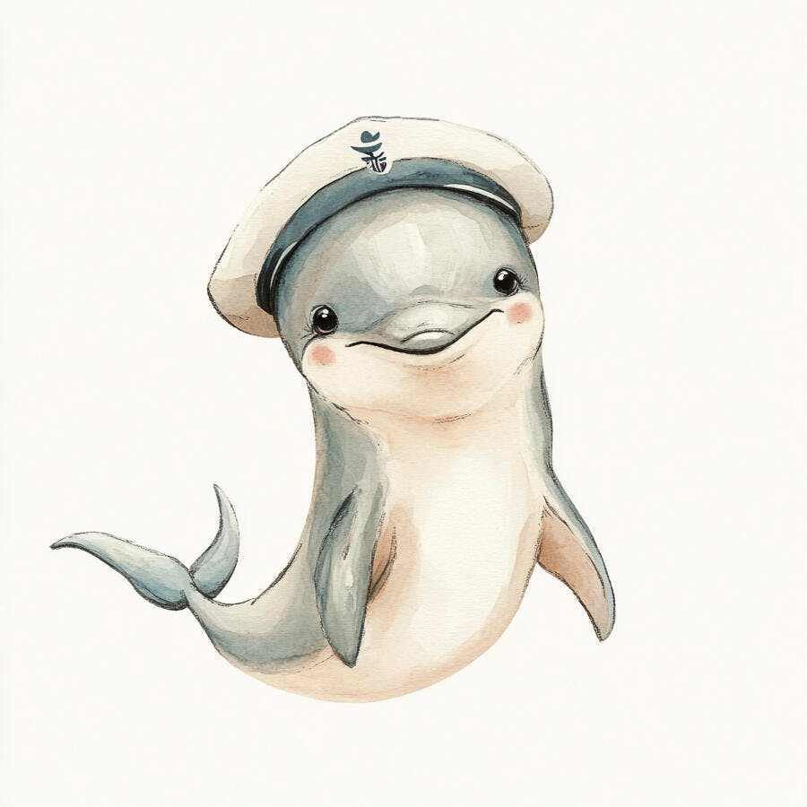 Golfinho bebê feliz de chapéu de marinheiro ilustração aquarela