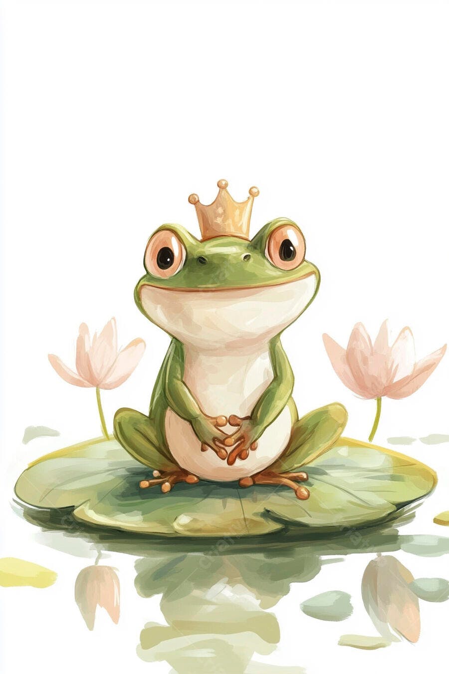 Sapo rei fofo sentado em folha de vitória-régia com coroa dourada e flores rosa