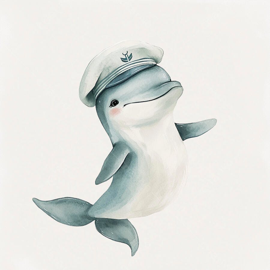 Golfinho azul bebê de chapéu de capitão sorrindo ilustração aquarela