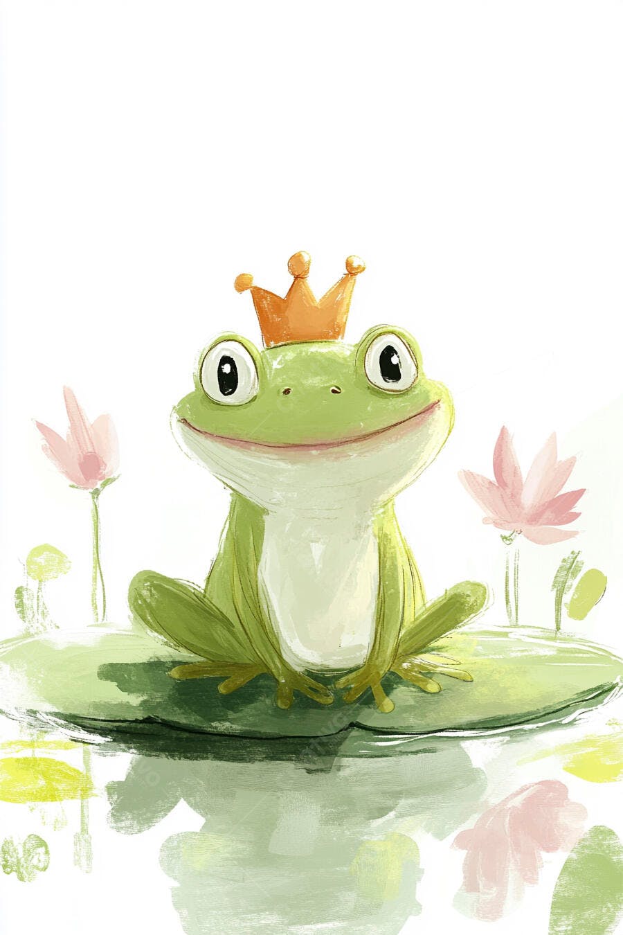 Sapo rei verde com coroa dourada em vitória-régia rosa ilustrado