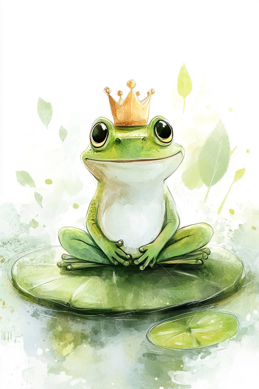 Sapo verde com coroa dourada sentado em vitória-régia estilo aquarela