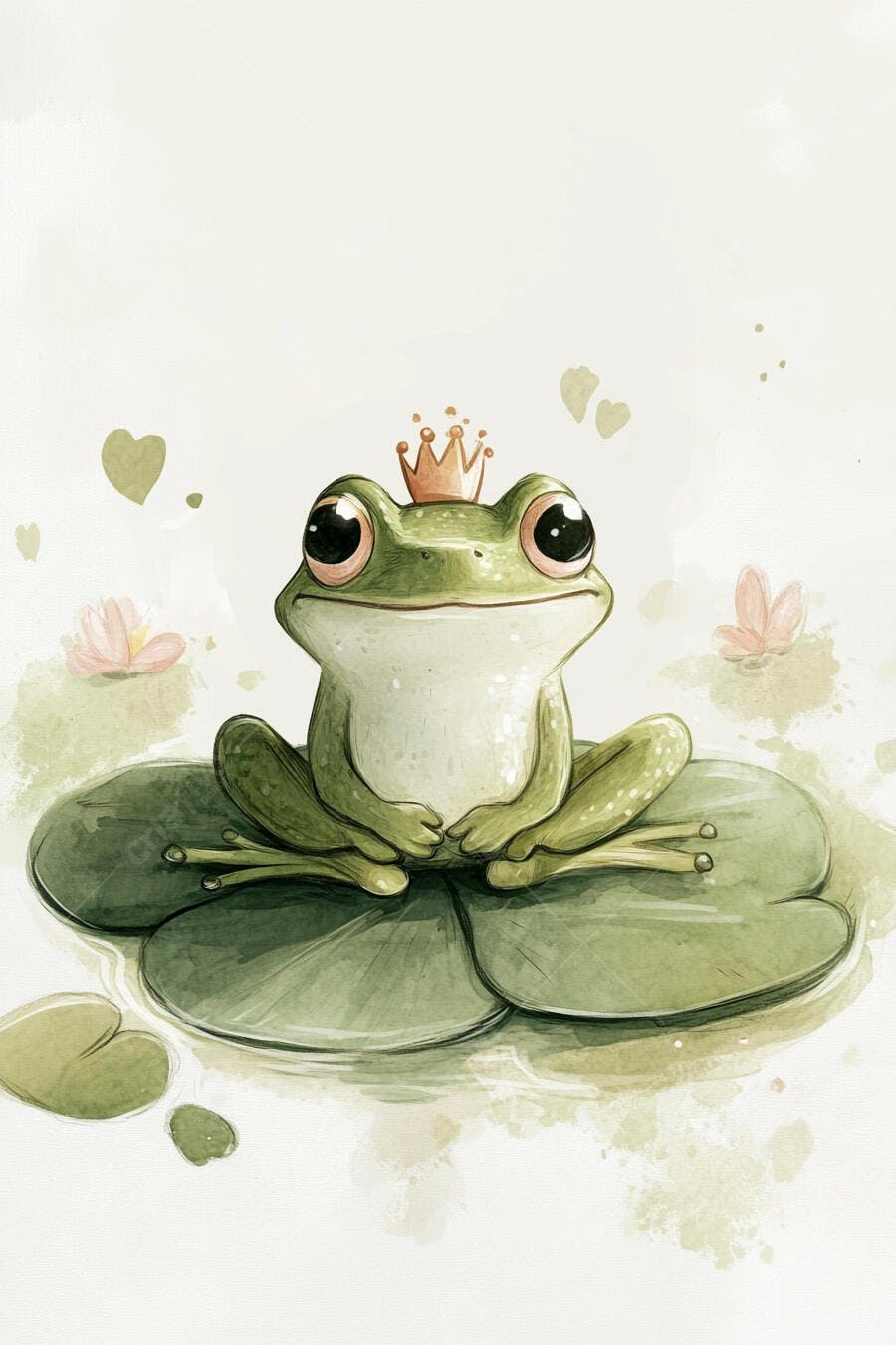 Sapo verde fofo com coroa dourada sentado em lírios d'água ilustração infantil