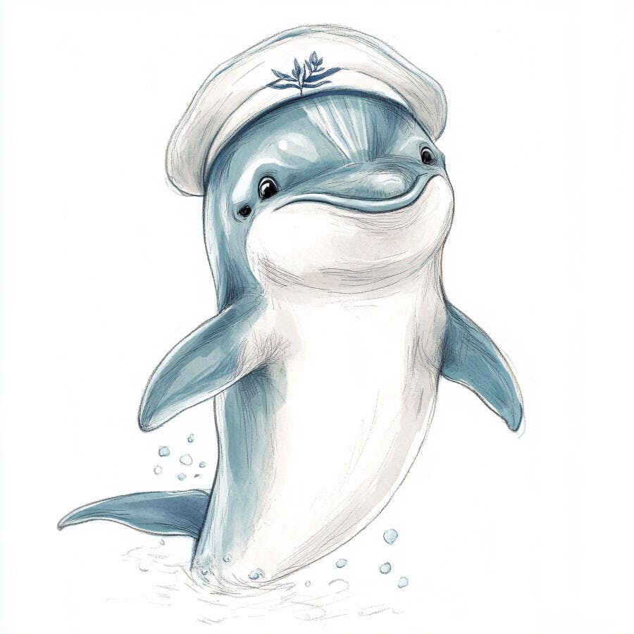 Golfinho azul e branco de chapéu de capitão sorrindo ilustração