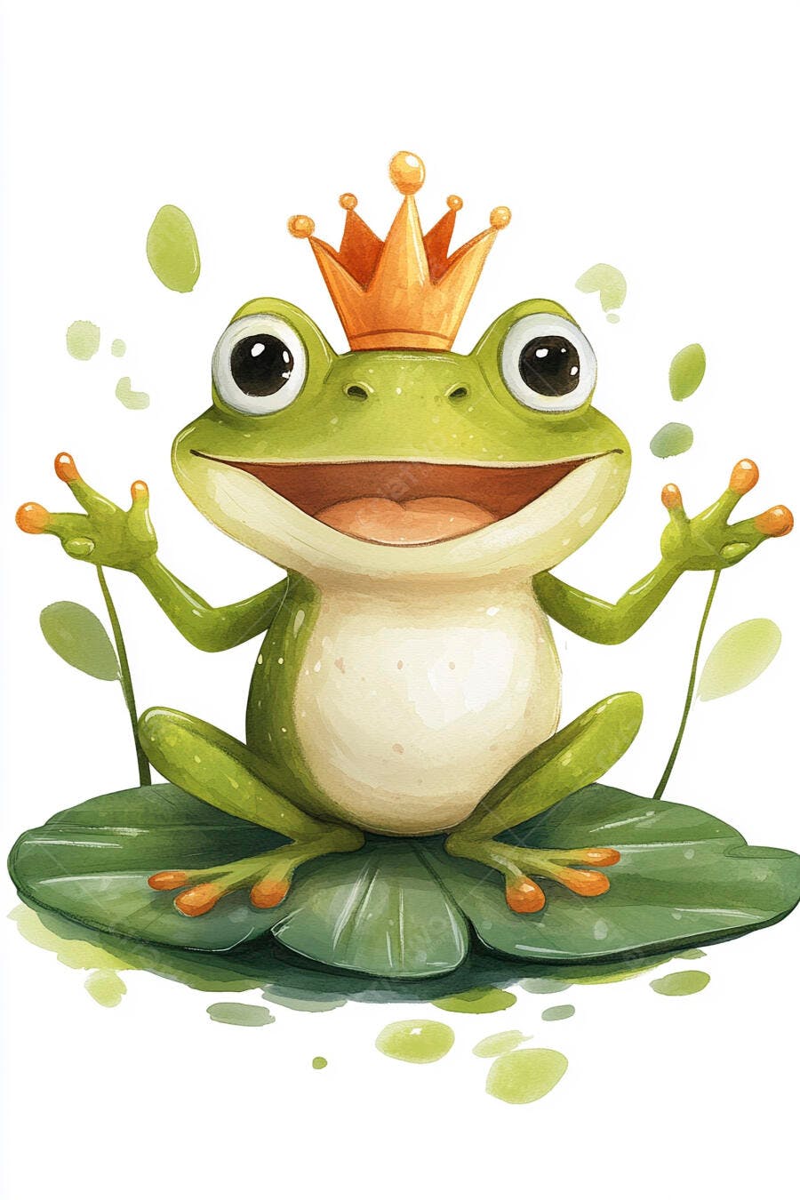 Sapo verde feliz com coroa dourada sentado em folha de vitória-régia ilustração infantil