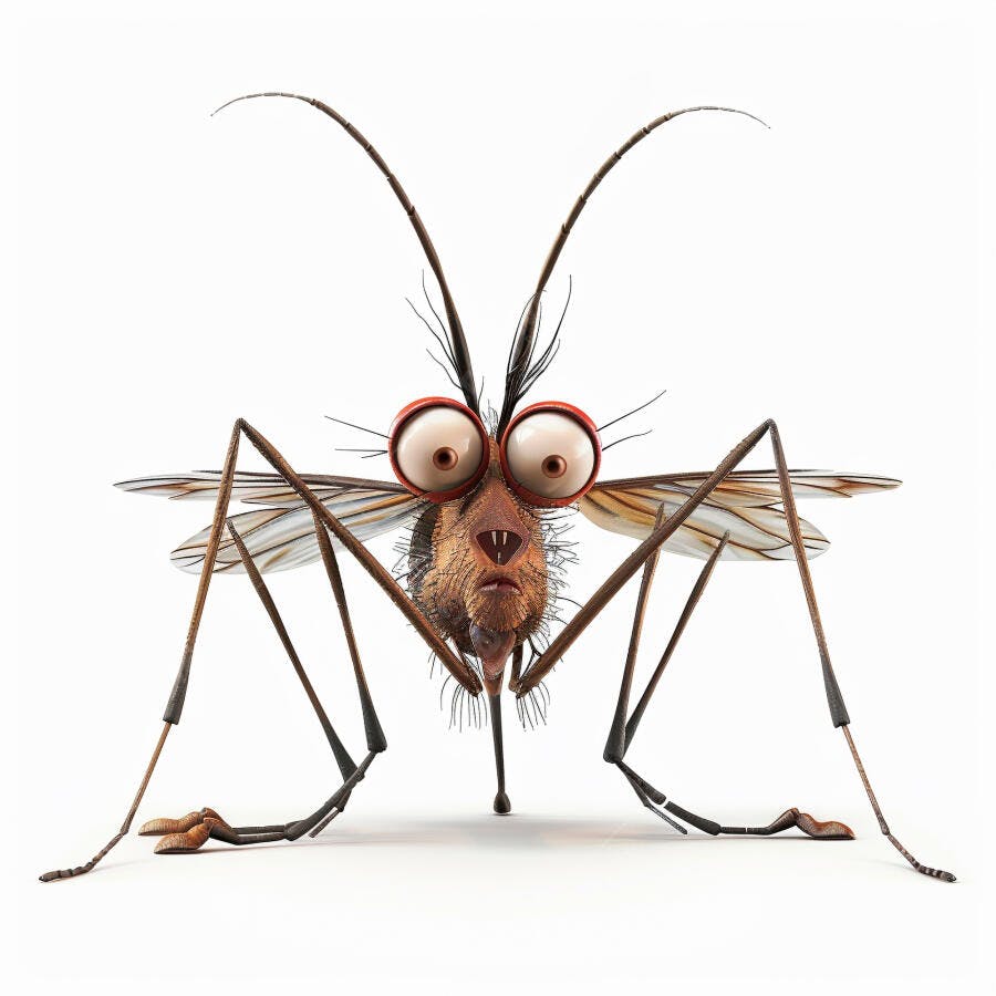 Mosquito de desenho animado com olhos arregalados e antenas longas em fundo branco