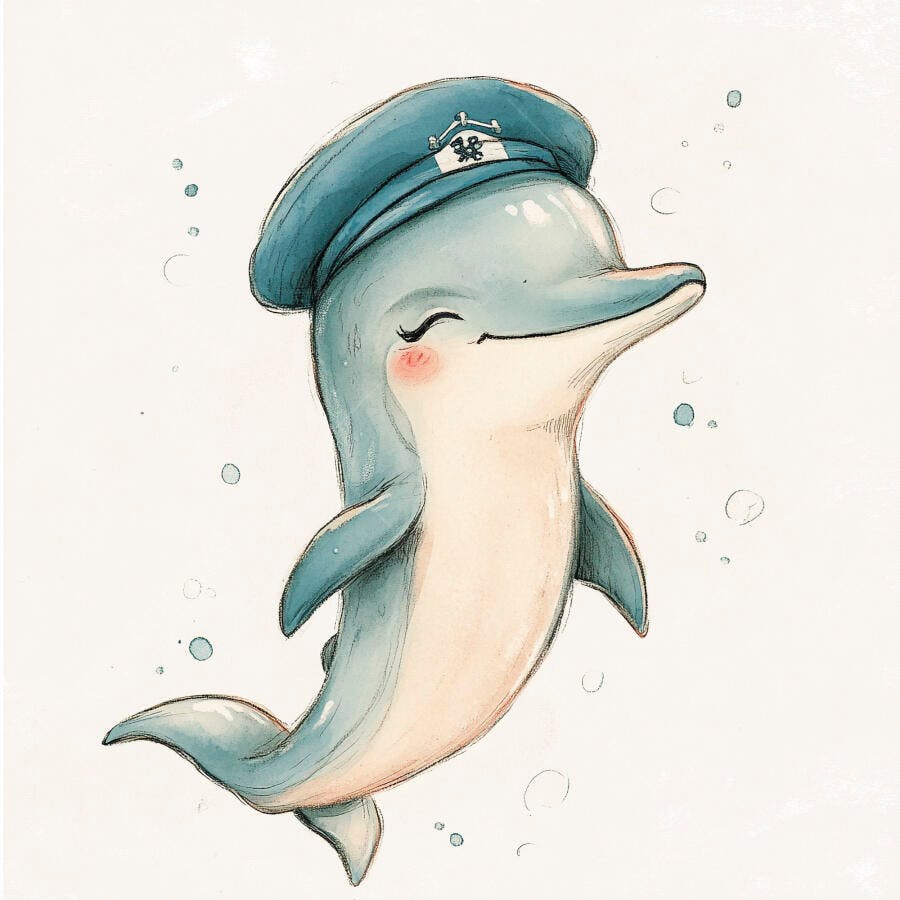 Golfinho azul capitão sorrindo com chapéu de marinheiro ilustração fofa