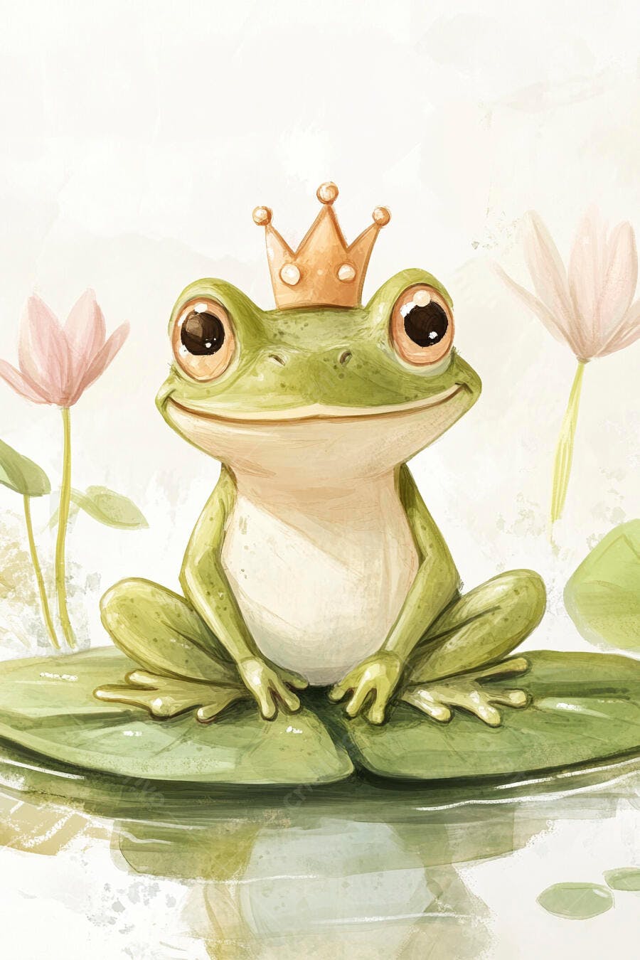 Sapo verde fofo com coroa dourada em lírio d'água aquarela