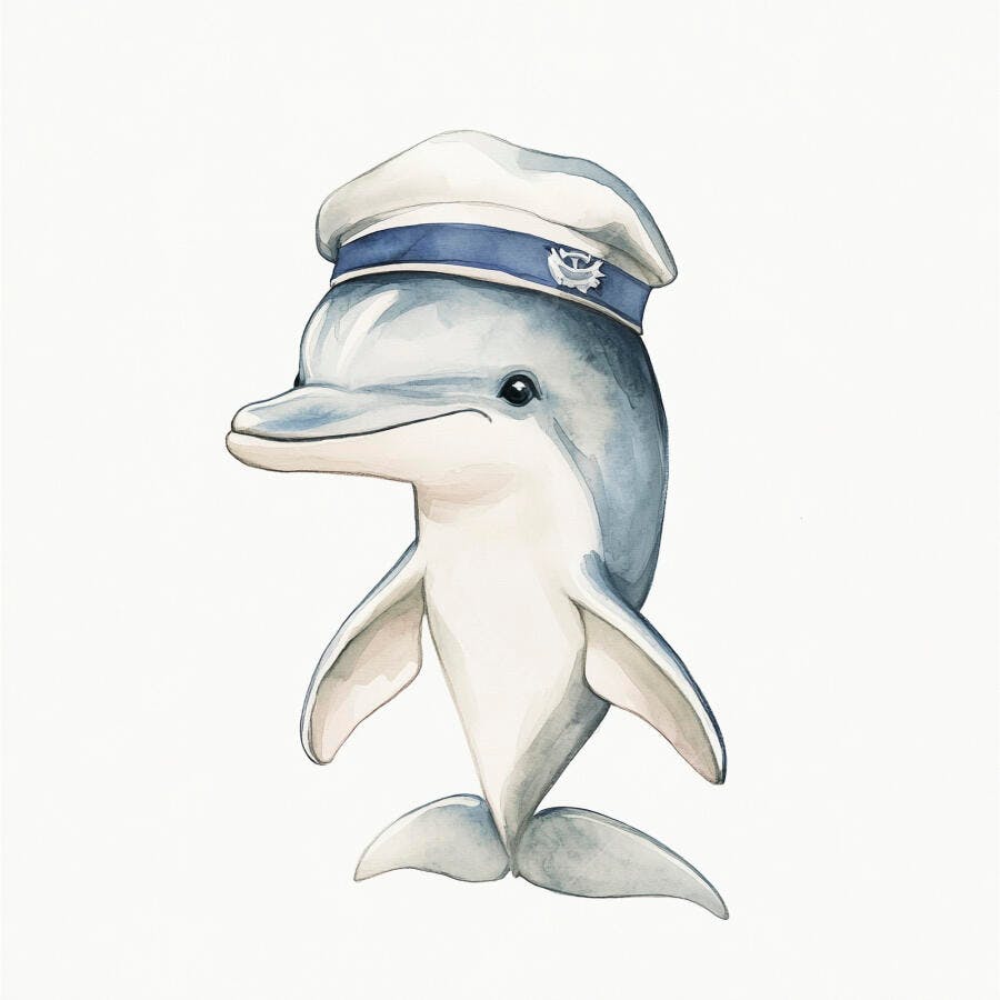 Golfinho sorridente usando chapéu de marinheiro azul e branco ilustração aquarela