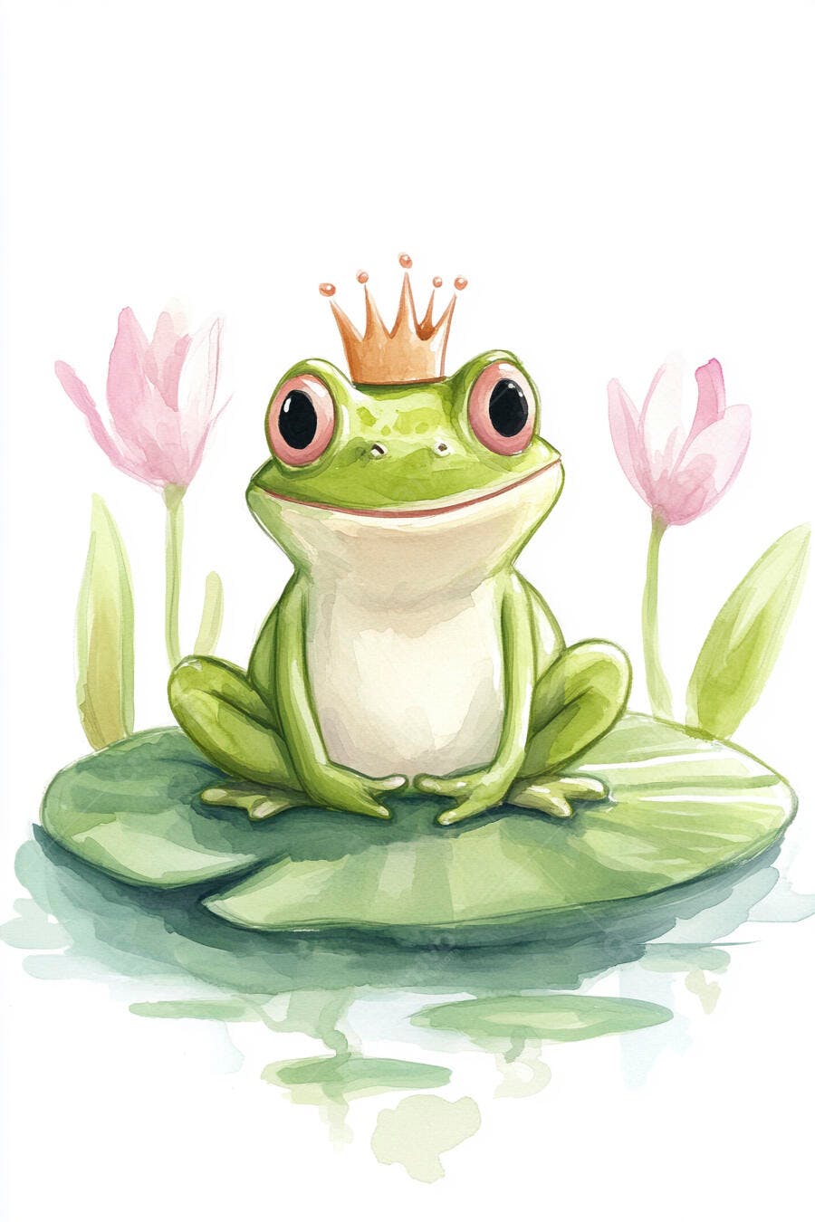 Sapo príncipe verde com coroa dourada em folha de vitória-régia e flores rosa aquarela