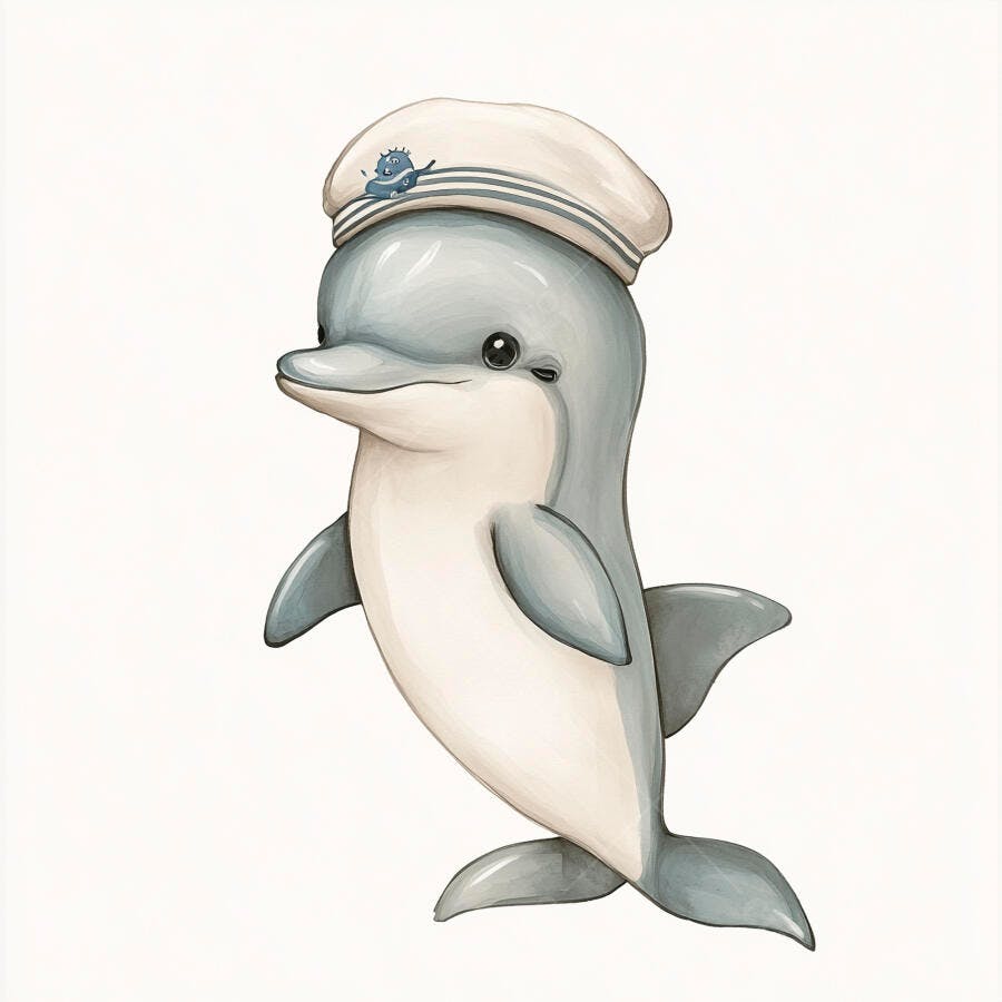 Golfinho marinheiro fofo em ilustração infantil com chapéu branco e azul